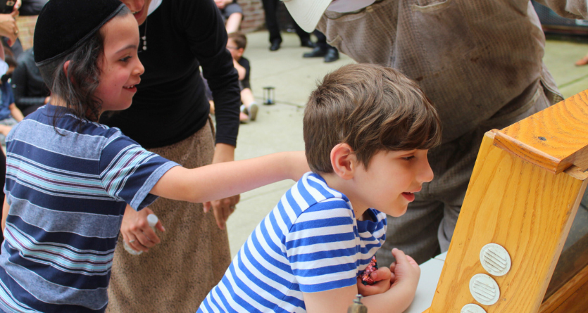 Kids watching a live beehive presentation